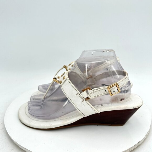 Tory Burch Women Size 8.5M White Leather Robinson T Strap Wedges Sandal - Picture 1 of 11